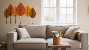 A beige sofa with two cushions sits below a window with white frames. A wall decal of colorful autumn trees decorates the wall, and a wooden stool holds a container with paintbrushes and painting tools.