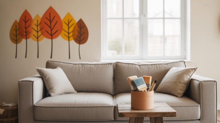 A beige sofa with two cushions sits below a window with white frames. A wall decal of colorful autumn trees decorates the wall, and a wooden stool holds a container with paintbrushes and painting tools.