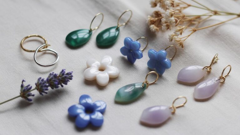 A collection of colorful earrings shaped like flowers, teardrops, and ovals, displayed on a white fabric with dried lavender and white flowers placed nearby.