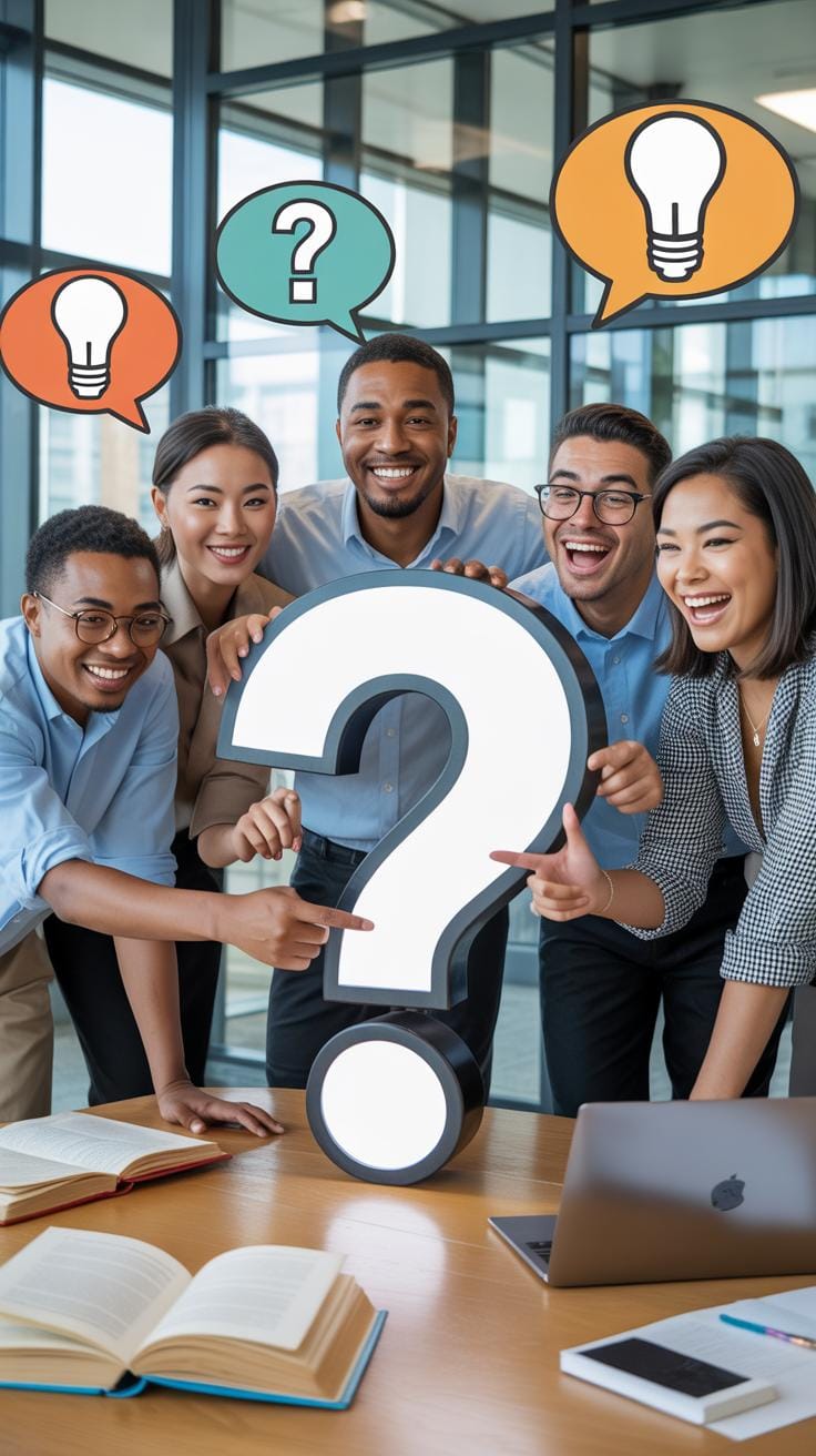 Five diverse young professionals are gathered around a table, pointing at a large 3D question mark, with speech bubbles containing lightbulbs and ques