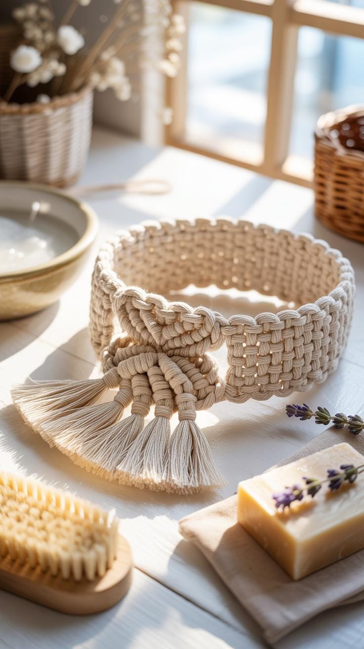A beige macrame woven basket with a tasseled bow sits on a white tiled surface next to a bowl of water, a wooden bath brush, and a bar of soap with la