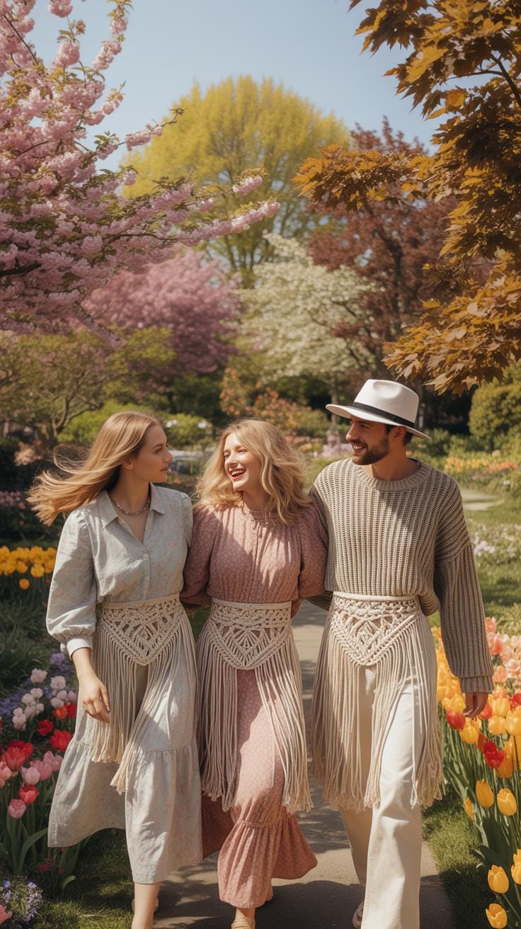 Three light-skinned individuals, two women with long blonde hair and a man with a beard wearing a fedora, walk arm-in-arm down a path in a vibrant spr