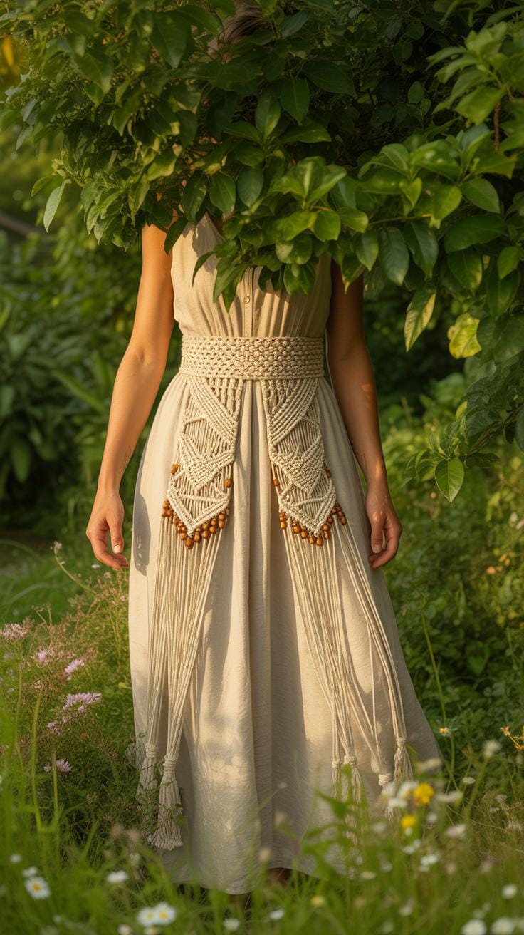 A faceless person stands amidst lush green foliage and wildflowers, wearing a long, light beige dress with intricate macram&eacute; details and tassels on th