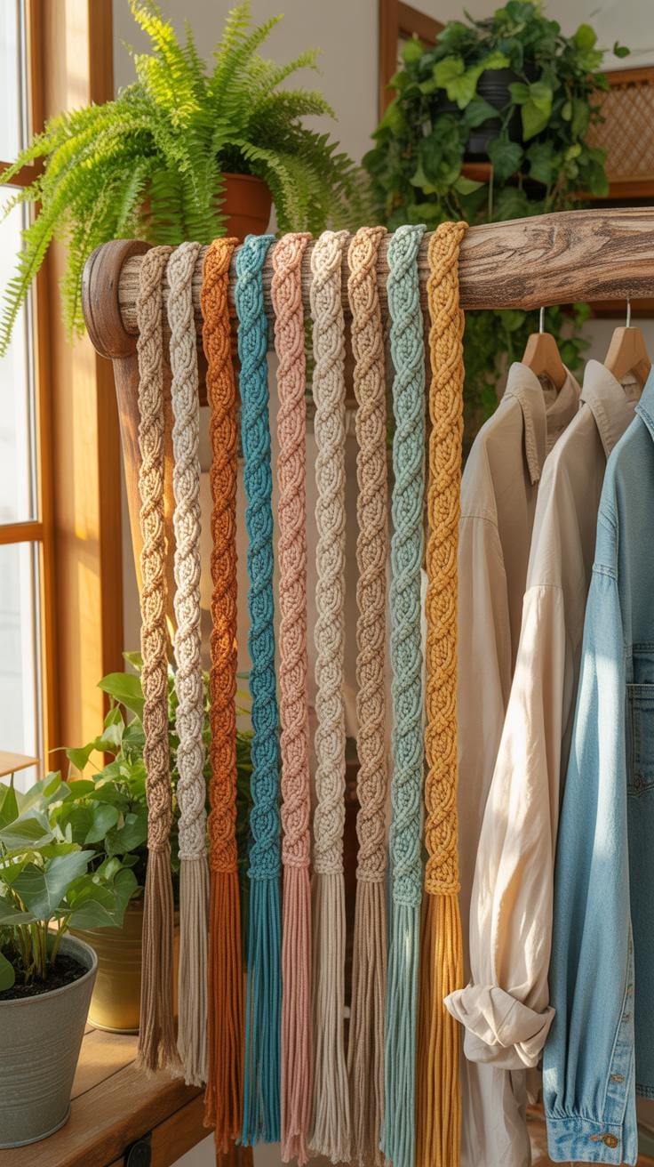 A wooden rack holds a series of long, braided macrame belts in various muted and earthy colors, including beige, orange, blue, pink, and yellow, with