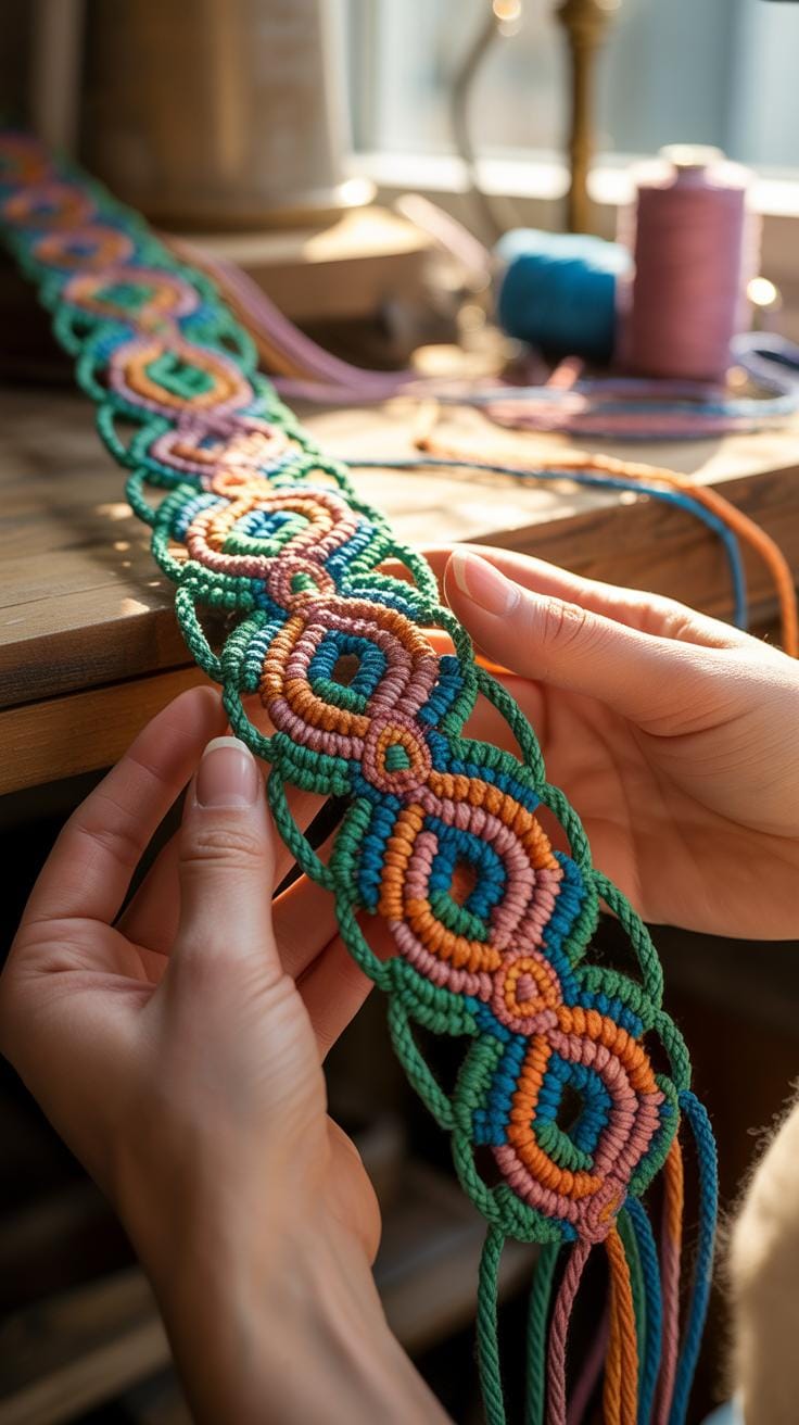 Close-up of hands holding a vibrantly colored macrame belt with a repeated circular pattern, against a blurred background of crafting supplies.