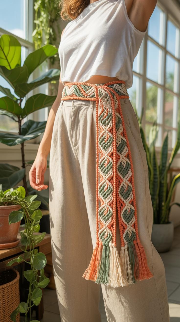 A person stands in a sunlit conservatory, showcasing a wide macram&eacute; belt with geometric patterns in peach, sage green, and natural white, worn over li
