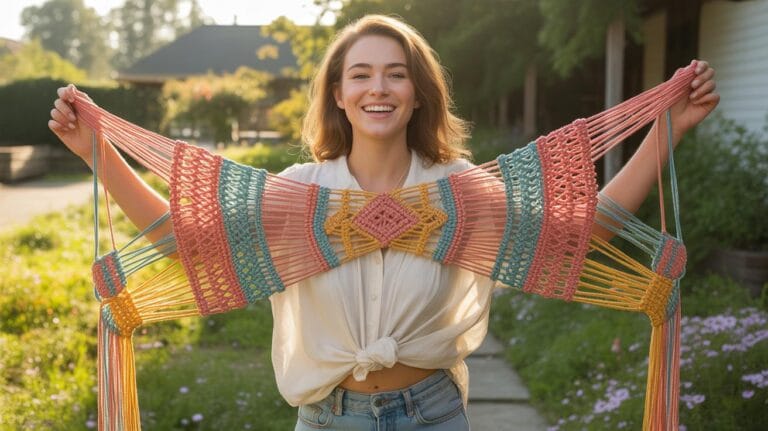 A smiling young woman with light brown hair stands outdoors, holding up a colorful, handmade macrame-style art piece with her arms outstretched. The m