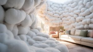 A room features walls and ceiling entirely covered in soft, fluffy, white cloud-like textures, with a modern living room setting on the right side.