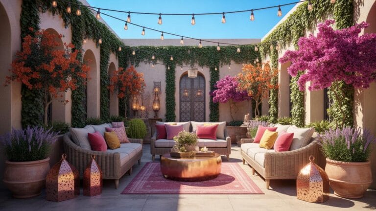 A beautiful, sunlit Moroccan-style courtyard with string lights overhead, featuring two rattan sofas, two armchairs with pink and yellow cushions, a r