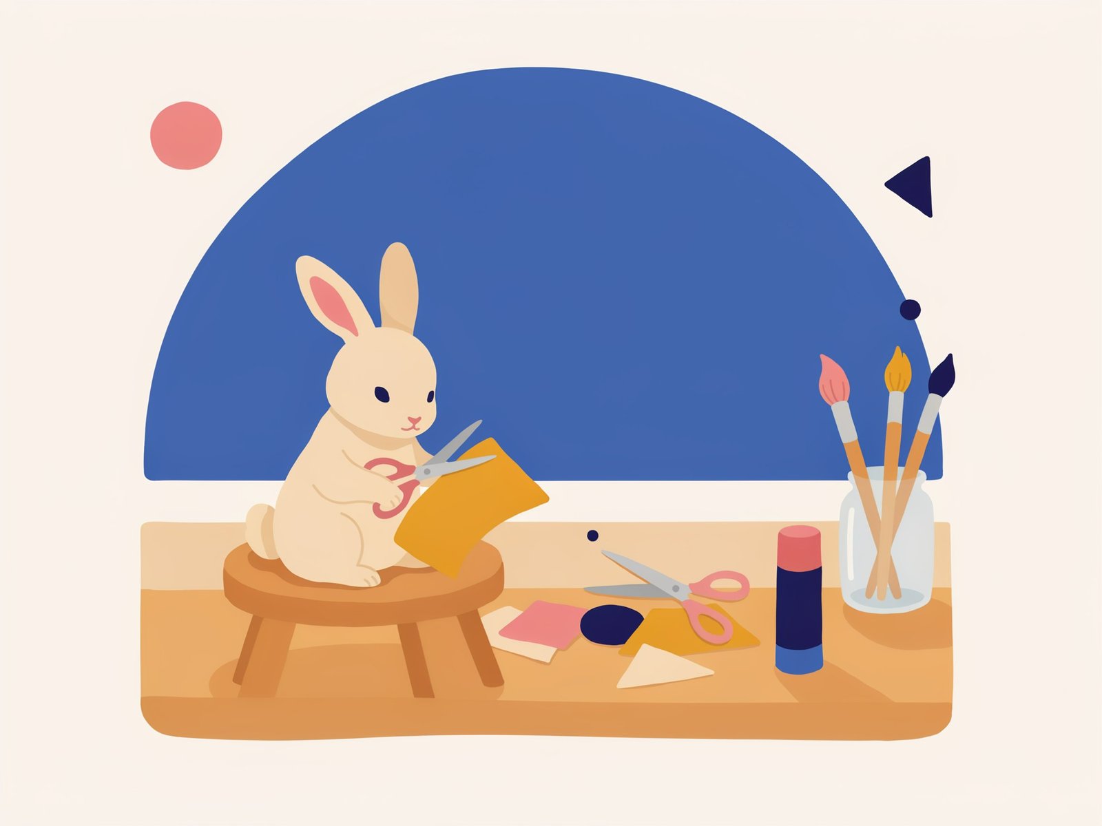 Illustration of a rabbit cutting mustard yellow paper at a collage studio desk