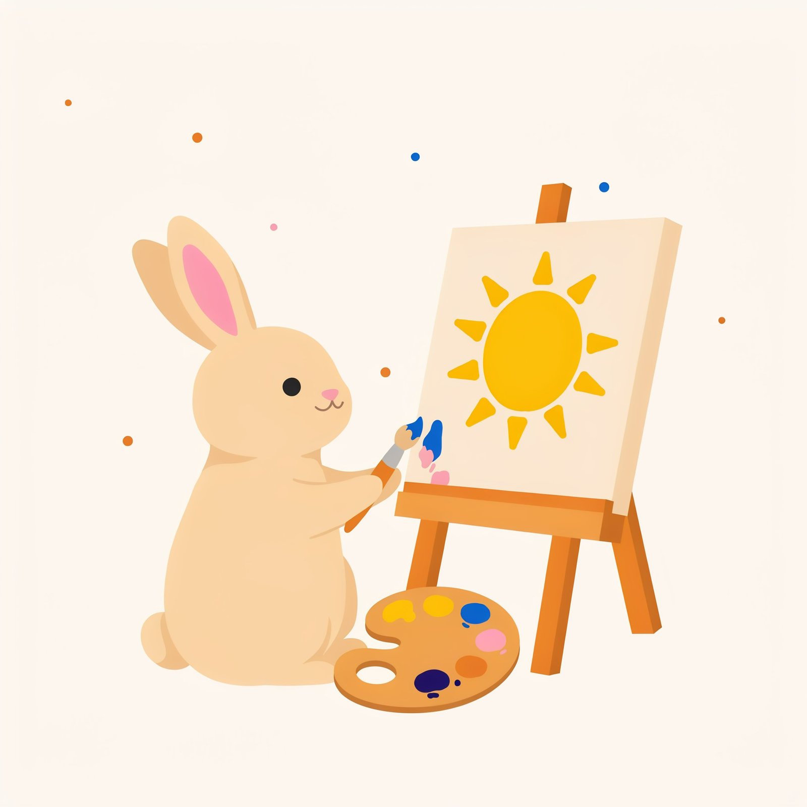 Illustration of a rabbit holding a paintbrush beside an easel and palette