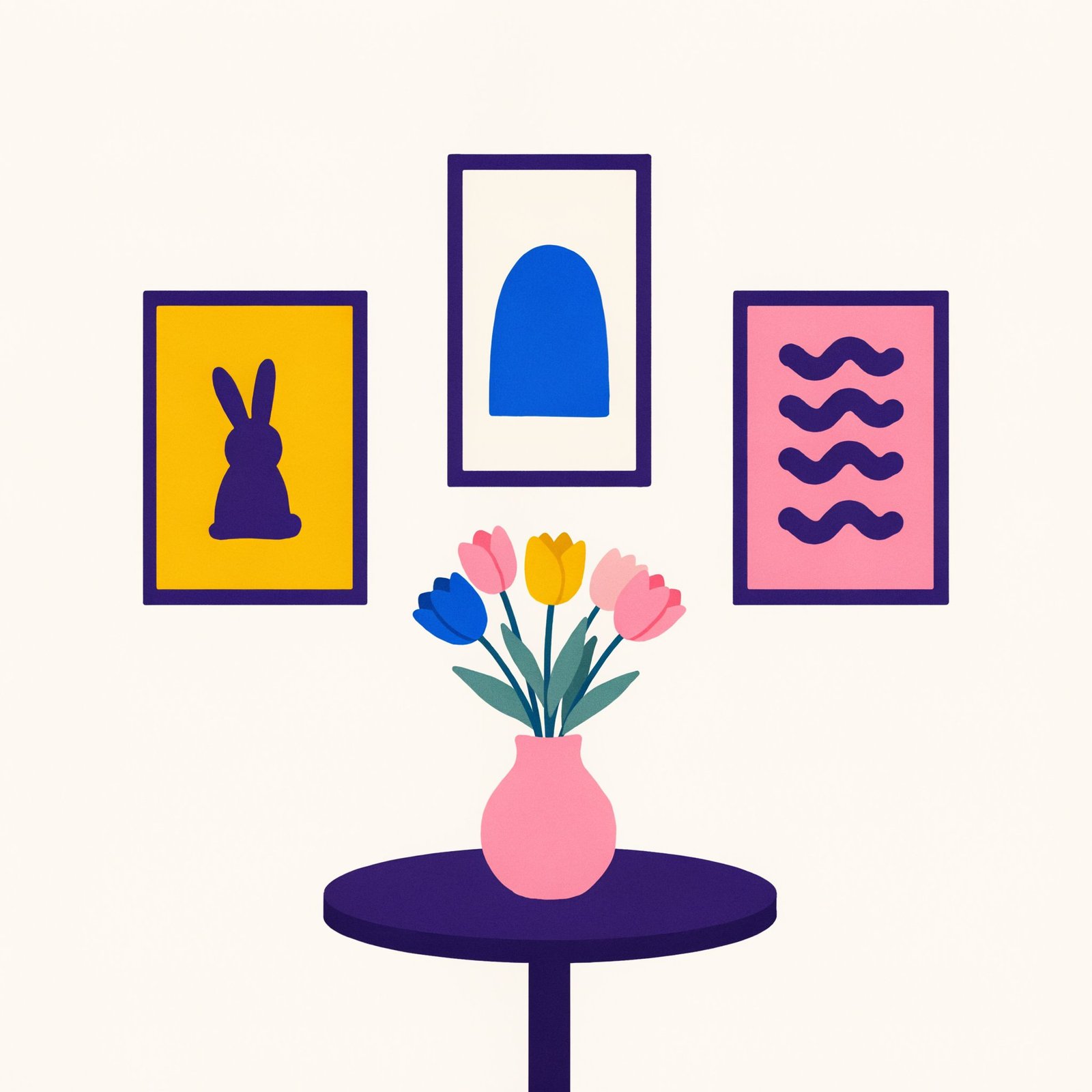 Illustration of three framed rabbit and abstract artworks on a cream wall