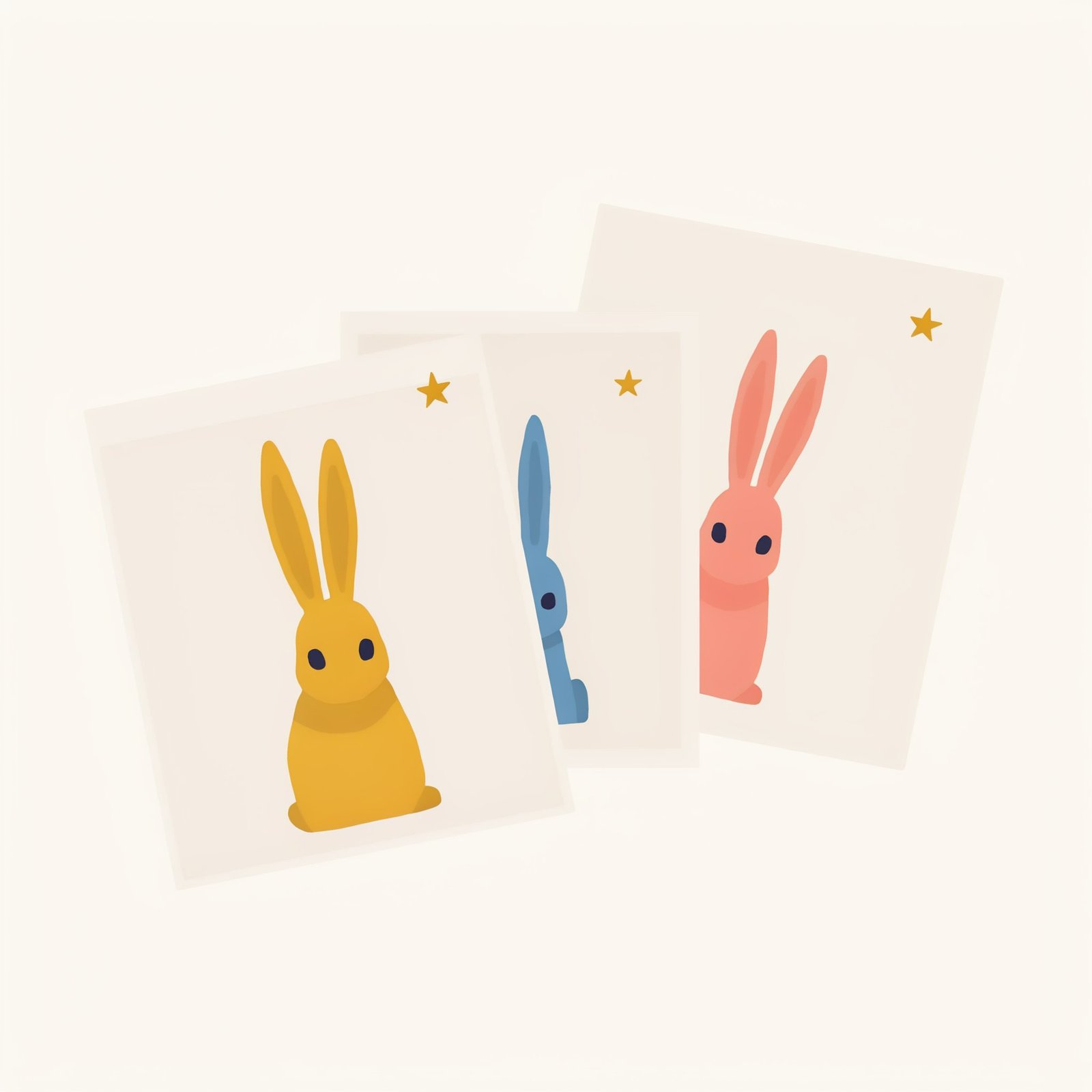 Illustration of a fanned stack of three limited-edition rabbit art prints