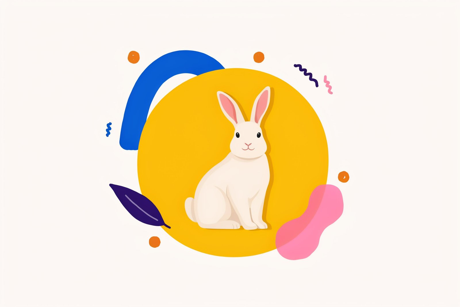 Flat paper-collage illustration of a cream rabbit sitting on a mustard yellow circle among blue, pink and indigo paper shapes